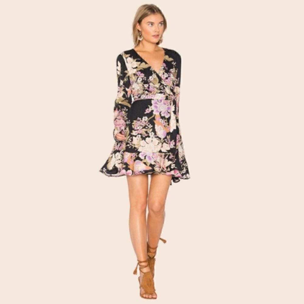 Spell Blue Skies Wrap Floral Black Mini Dress Size XS NWT